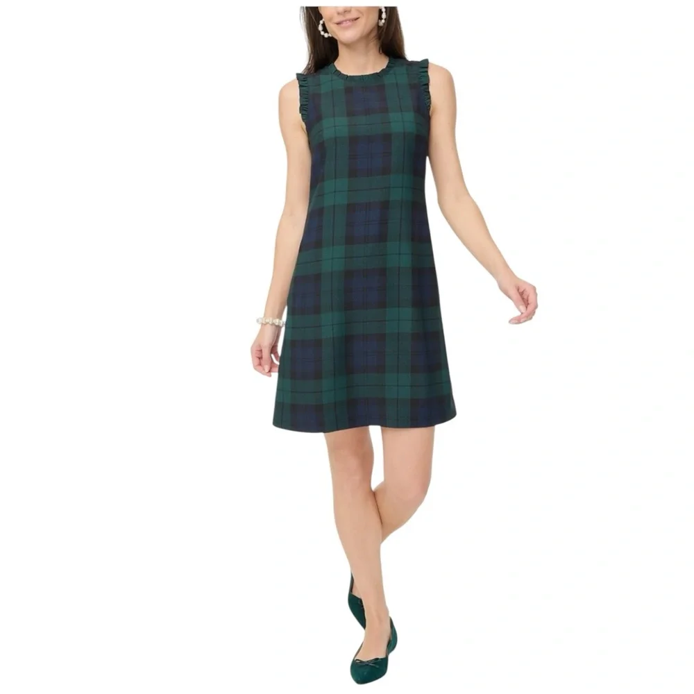 J Crew Plaid Sleeveless Dress Tartan Pattern Green and Blue Ruffle Neck 14 - Picture 2 of 3